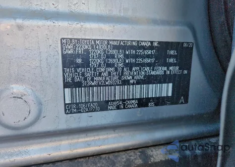 2020 Toyota Rav4 Xle из США, поврежденный, VIN 2T3RWRFV2LW093293